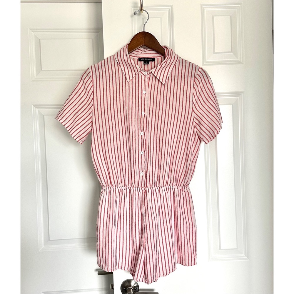 Hers & Mine Cotton Medium Red Striped Button Romper